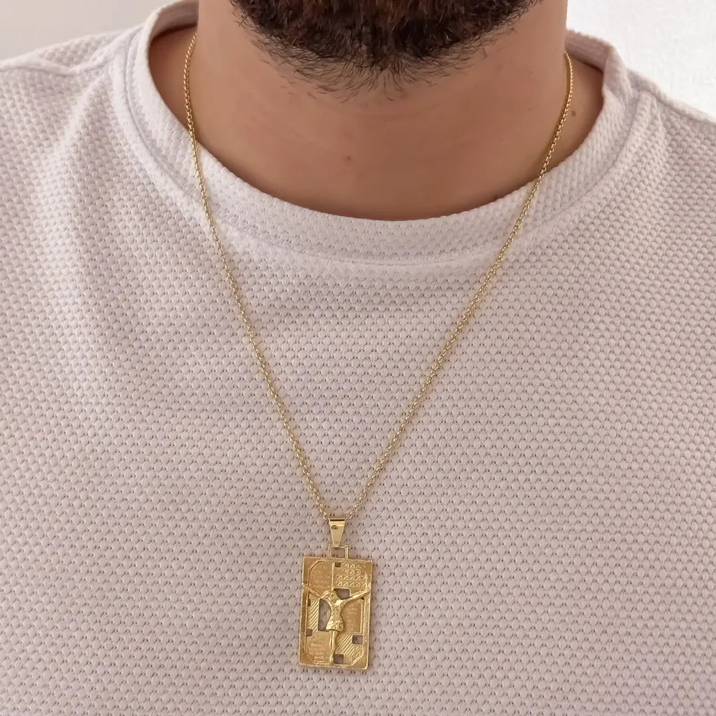 Cadena De Caballero De Tejido Aros De 60cm-1mm De Grosor Con Dije De Placa De Jesucristo.