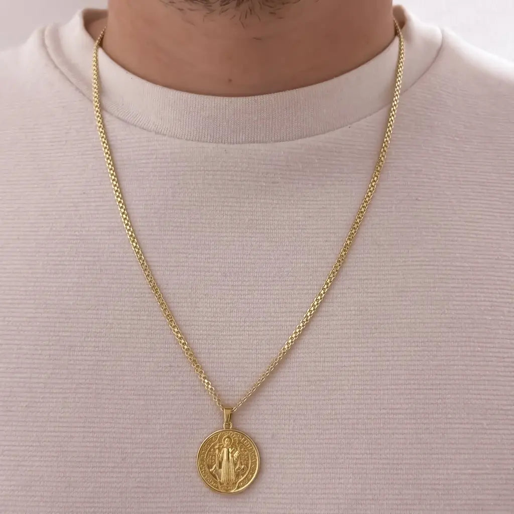 Cadena De Caballero De Tejido Chino De 60cm-3mm De Grosor Con Dije De San Benito