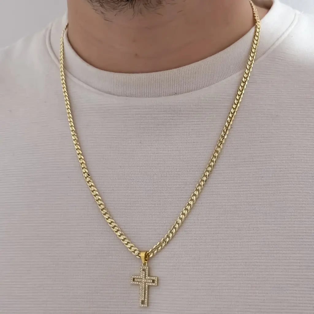 Cadena De Caballero De Tejido Cubana Plana De 60cm-5mm De Grosor Con Dije De Crucifijo Cristal