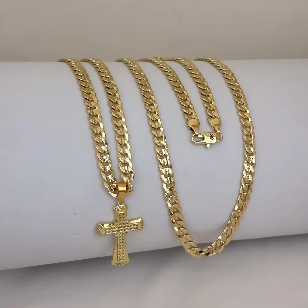 Cadena De Caballero De Tejido Cubana Plana Diamantada De 60cm-5mm De Grosor Con Dije De Cruz Cristal