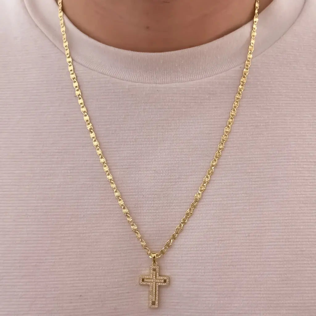 Cadena De Caballero De Tejido Escalera Con Destellos de 60cm-3mm De Grosor Con Dije De Cruz Doble Cristal