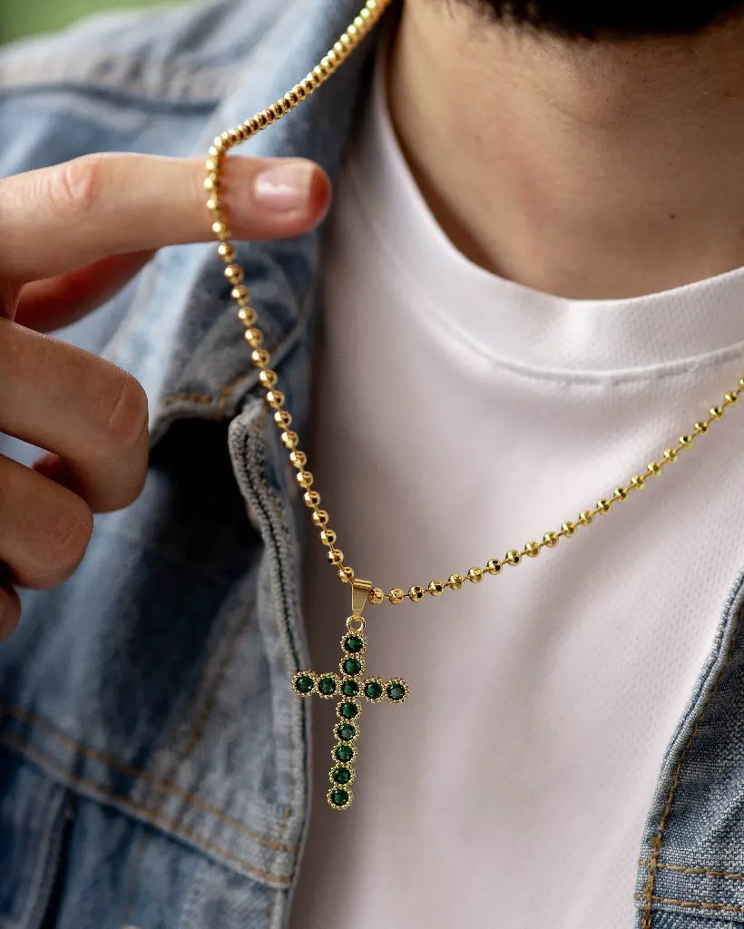 Cadena De Caballero De Tejido Militar Diamantada De 50cm-4mm De Grosor + Dije De Cruz Verde + Envío Gratis