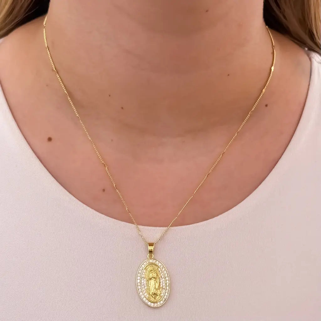 Cadena De Dama De Tejido Cubana Con Corazones De 50cm-2mm De Grosor, Dije De Guadalupe Cristal