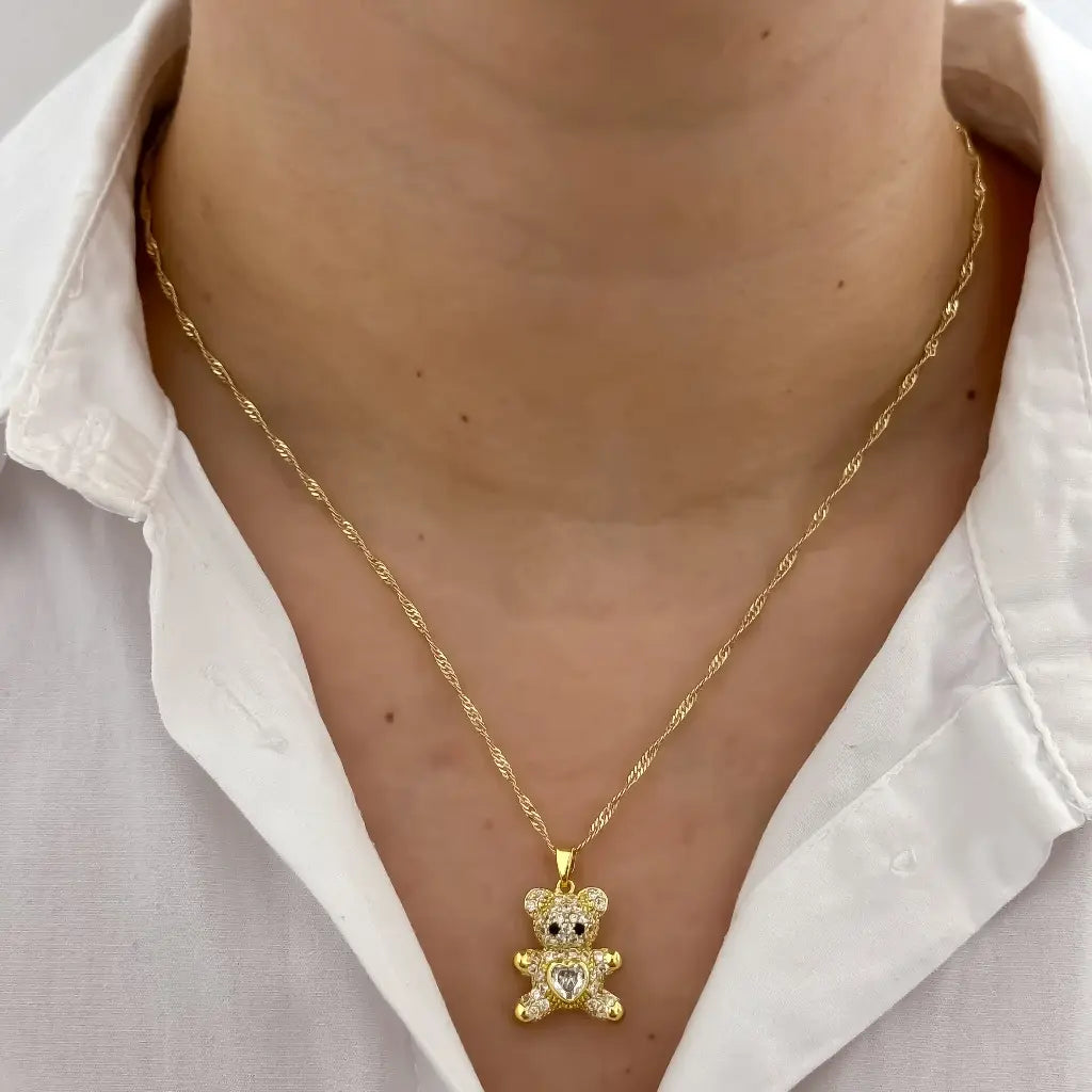 Cadena De Dama De Tejido Singapur De 50cm-2mm De Grosor Con Dije De Oso Cristal