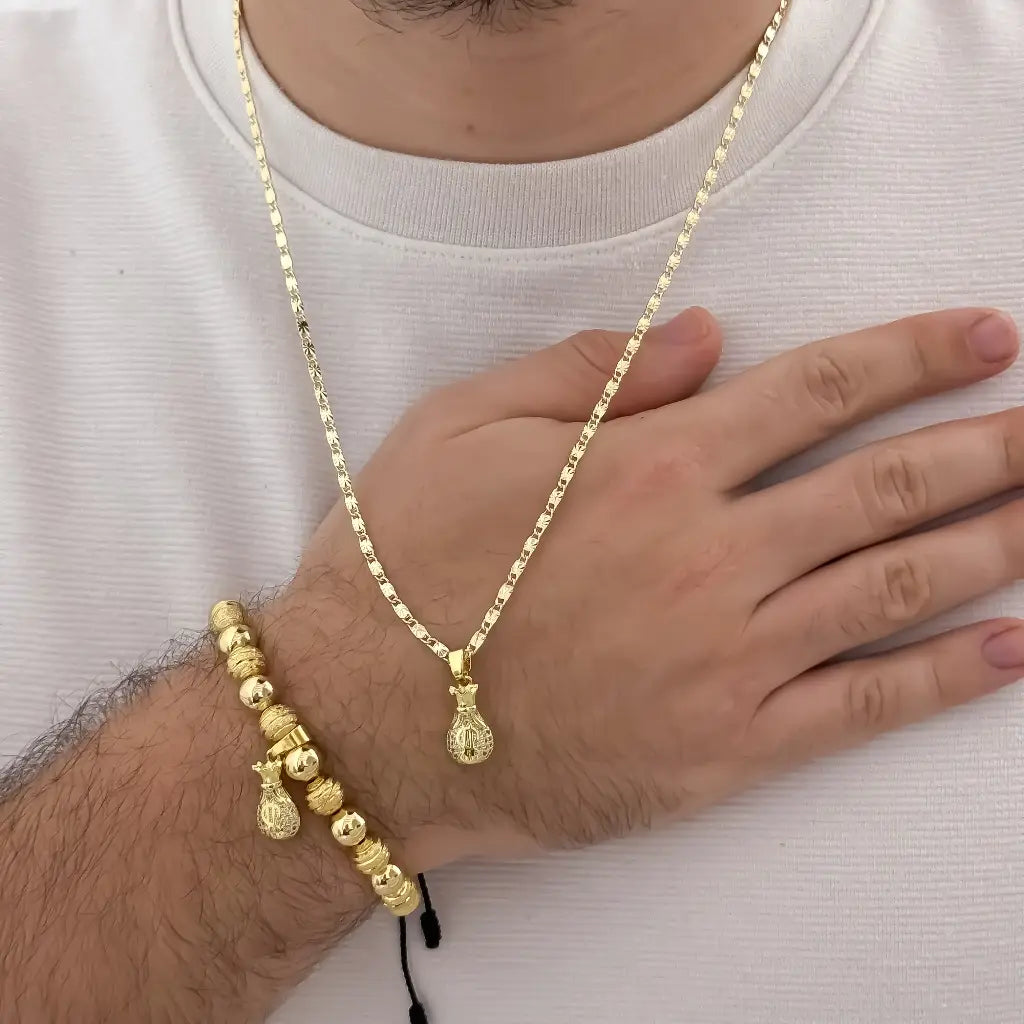 Conjunto De Caballero Con Cadena De Tejido Caracol Con Destellos, Dije De Bolsa De Dinero Y Manilla Diamantada