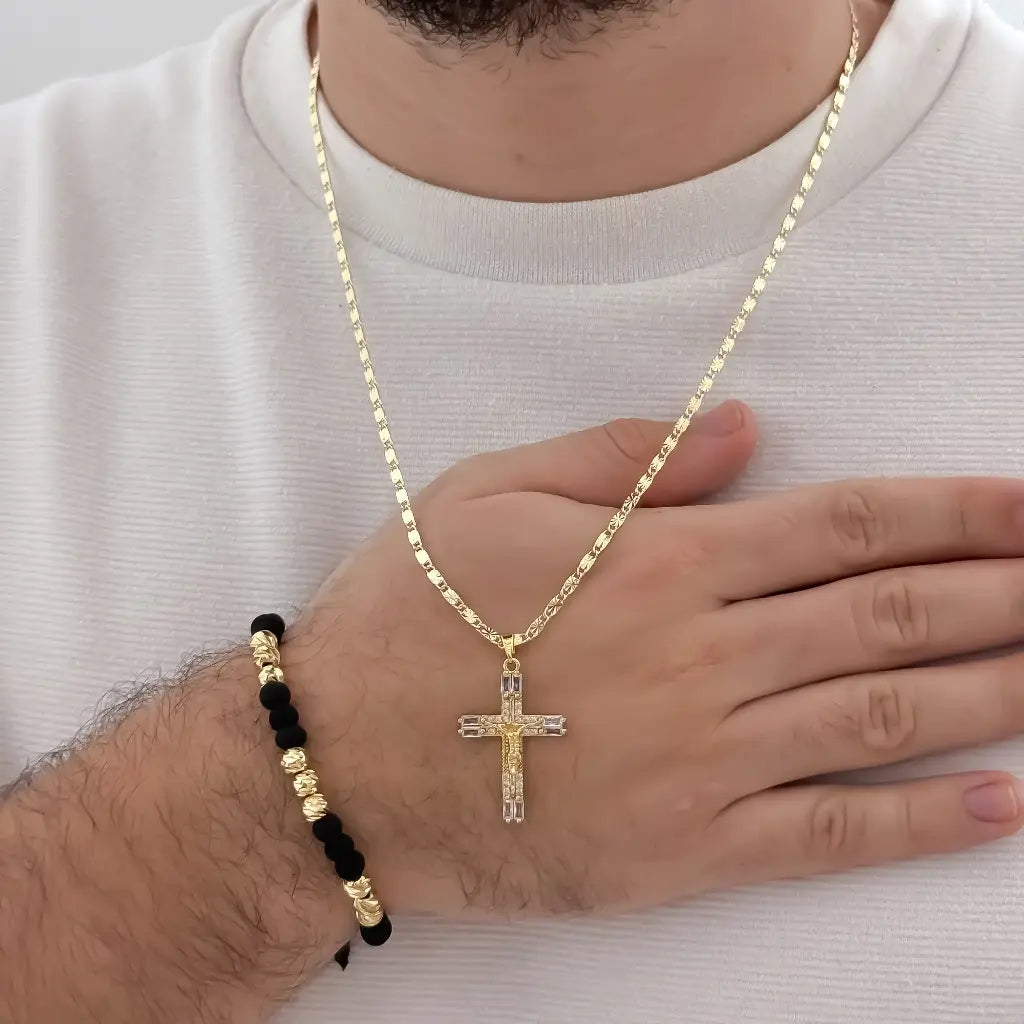 Conjunto De Caballero Con Cadena De Tejido Caracol, Dije De Crucifijo Y Manilla Negra