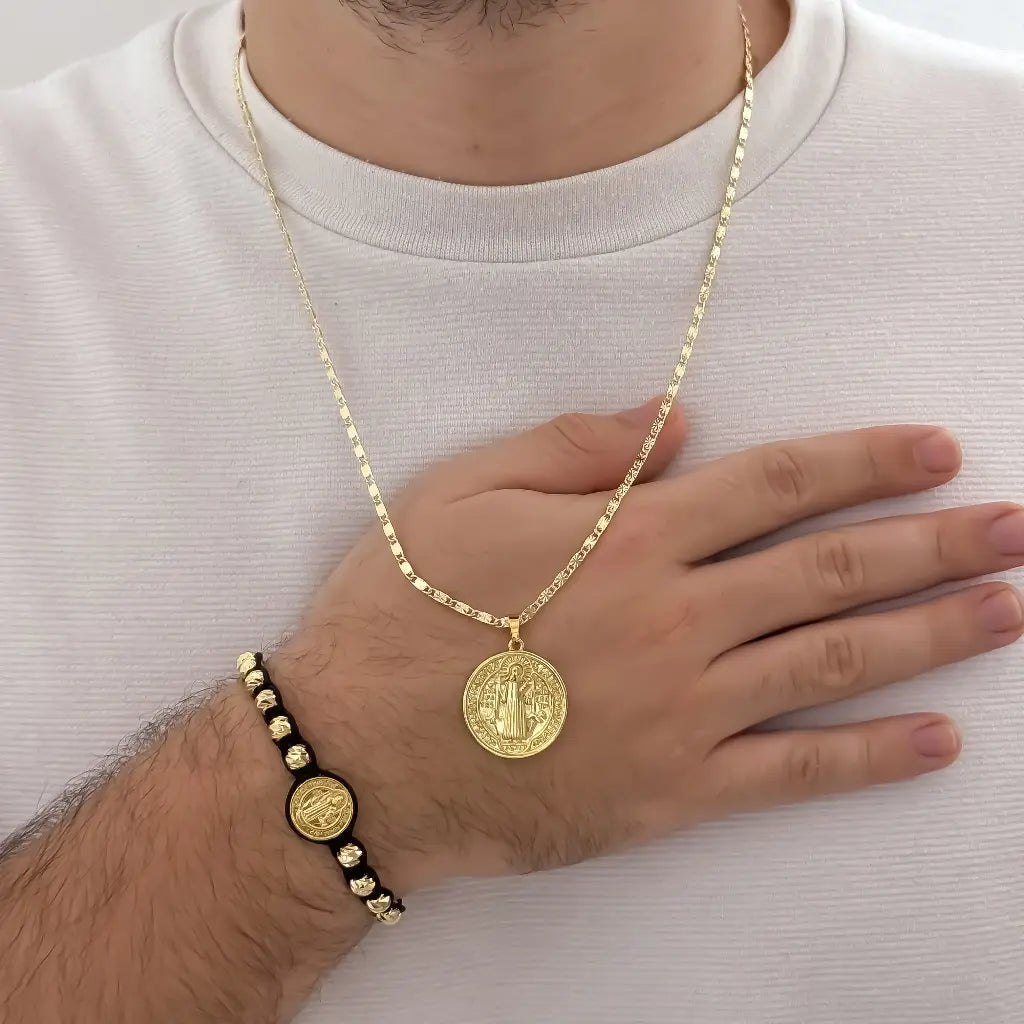 Conjunto De Caballero Con Cadena De Tejido Caracol, Dije Y Manilla De San Benito