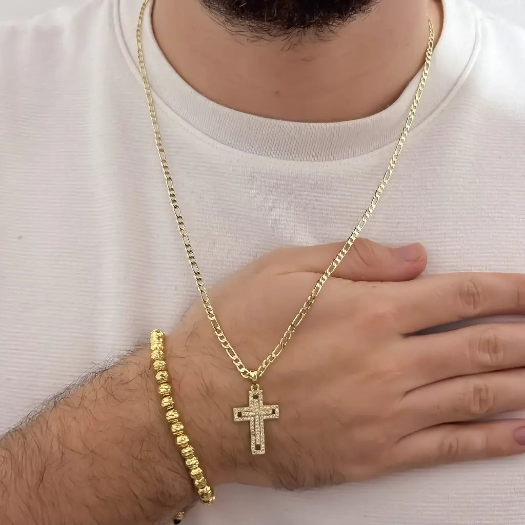 Conjunto De Caballero Con Cadena De Tejido Cartier, Dije De Cruz Cristal Y Manilla Italiana