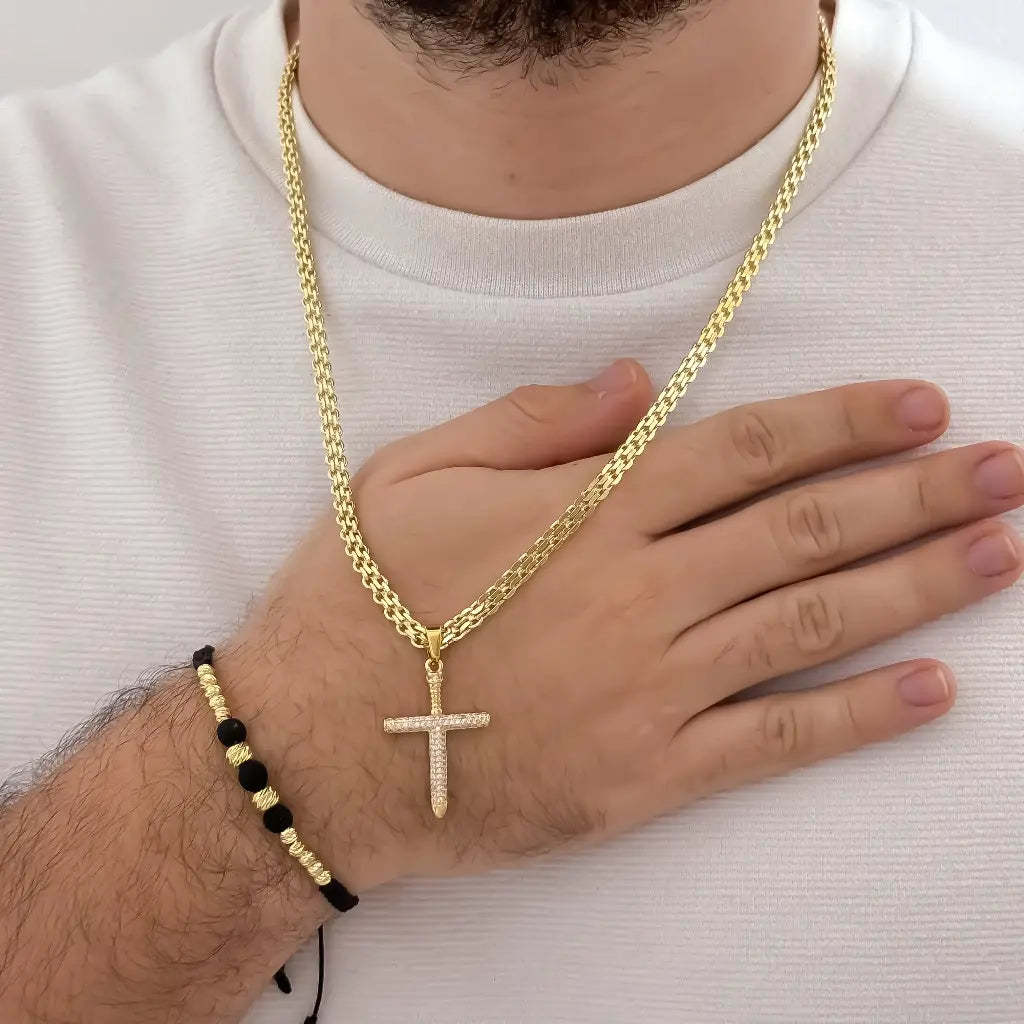Conjunto De Caballero Con Cadena De Tejido Chino, Cruz Cristal Y Manilla
