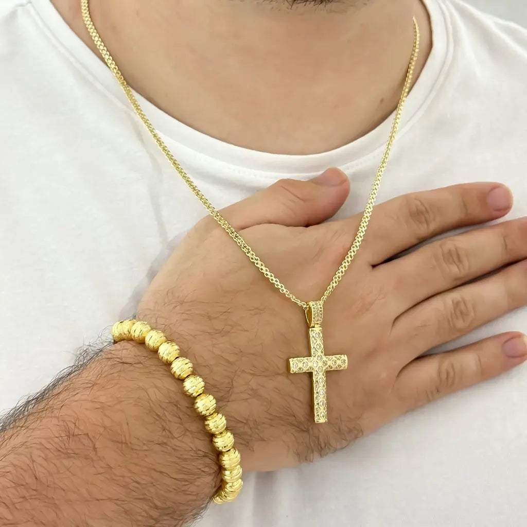 Conjunto De Caballero Con Cadena De Tejido Chino, Cruz Cristal Y Manilla Diamantada + Envío Gratis