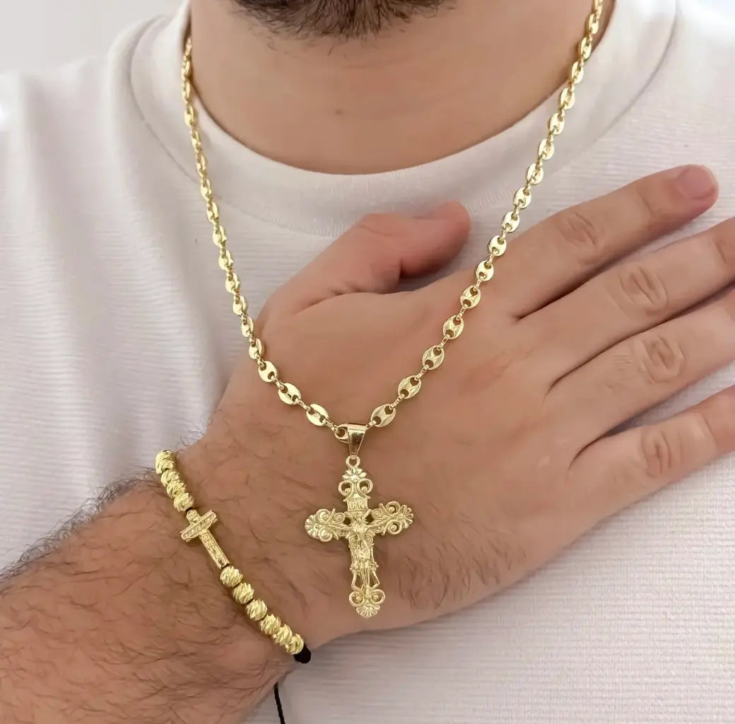 Conjunto De Caballero Con Cadena De Tejido Gucci, Cruz Trébol Y Manilla