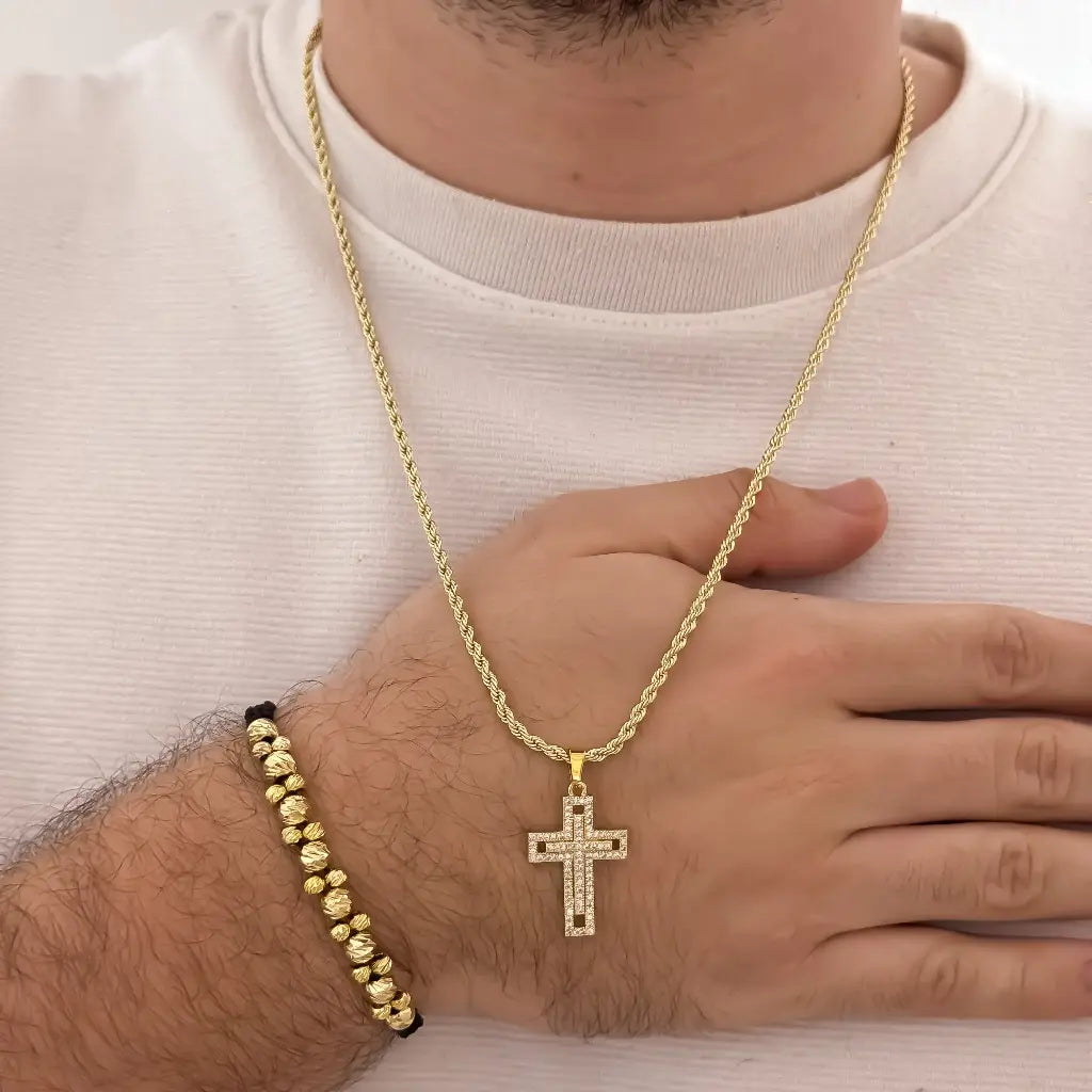 Conjunto De Caballero Con Cadena De Tejido Lazo, Dije De Cruz Cristal Y Manilla De Balines Italianos De Diseño 2X1