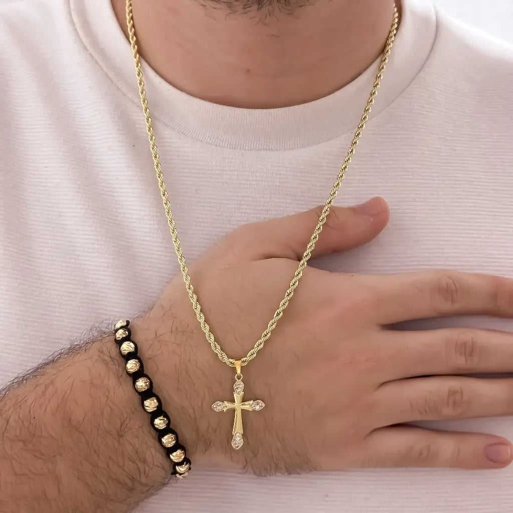 Conjunto De Caballero Con Cadena De Tejido Lazo, Dije De Cruz De Puntas Cristal Y Manilla Italiana