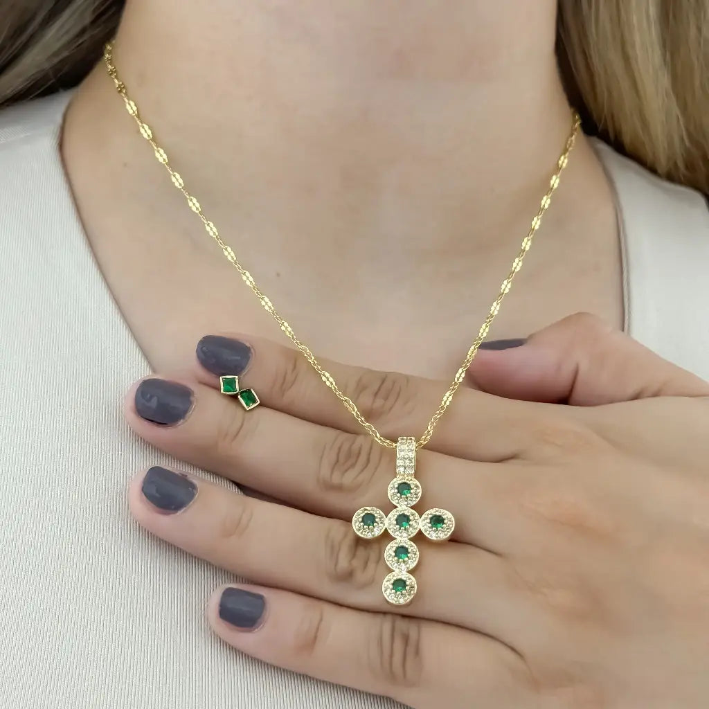 Conjunto De Dama Con Cadena De Tejido Crispeta, Cruz Verde Y Par De Topos Cuadrados + Envío Gratis