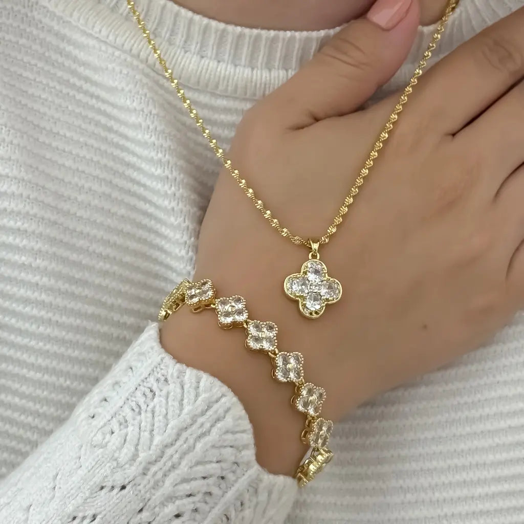 Conjunto De Dama Con Cadena De Tejido Espiral Con Dije Y Esclava De Tréboles Cristal + Envío Gratis