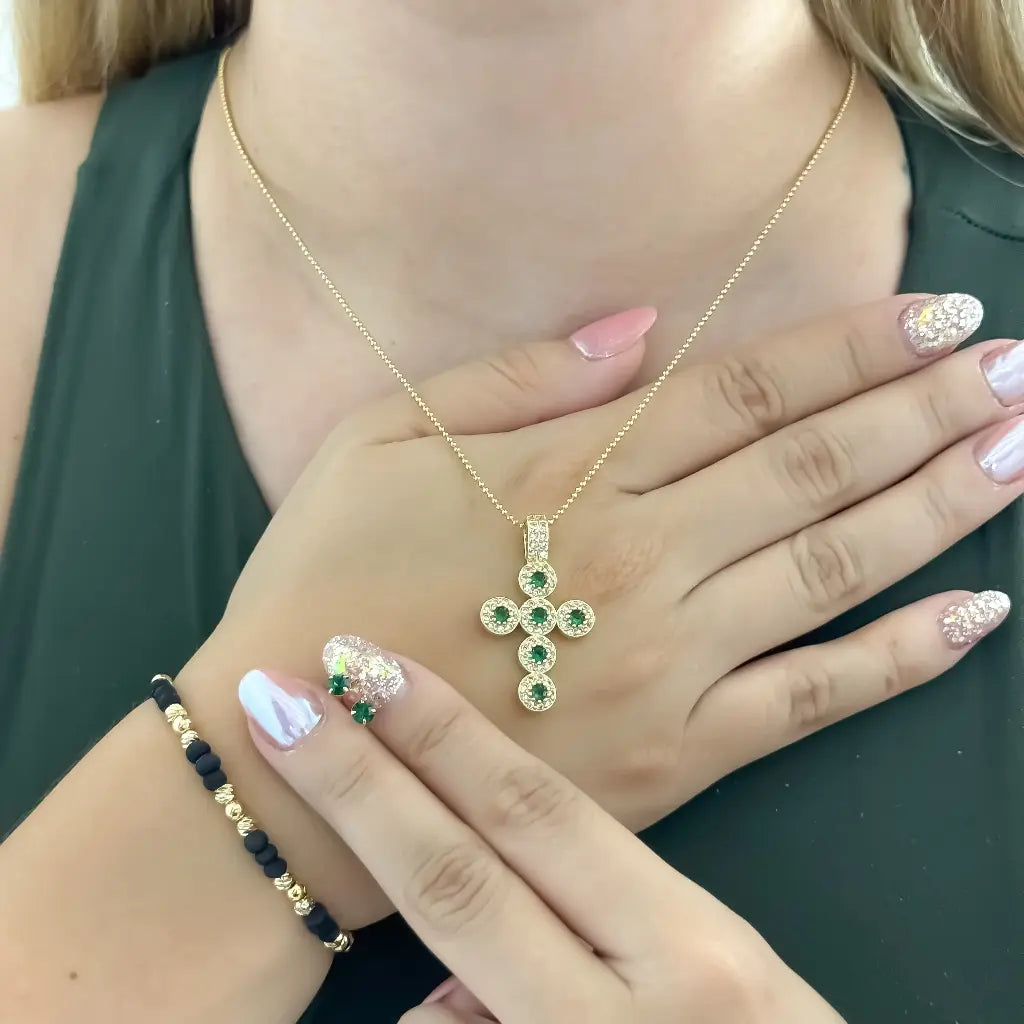 Conjunto De Dama Con Cadena De Tejido Militar De 1mm, Dije De Cruz, Topos Verdes Y Manilla Negra + Envío Gratis