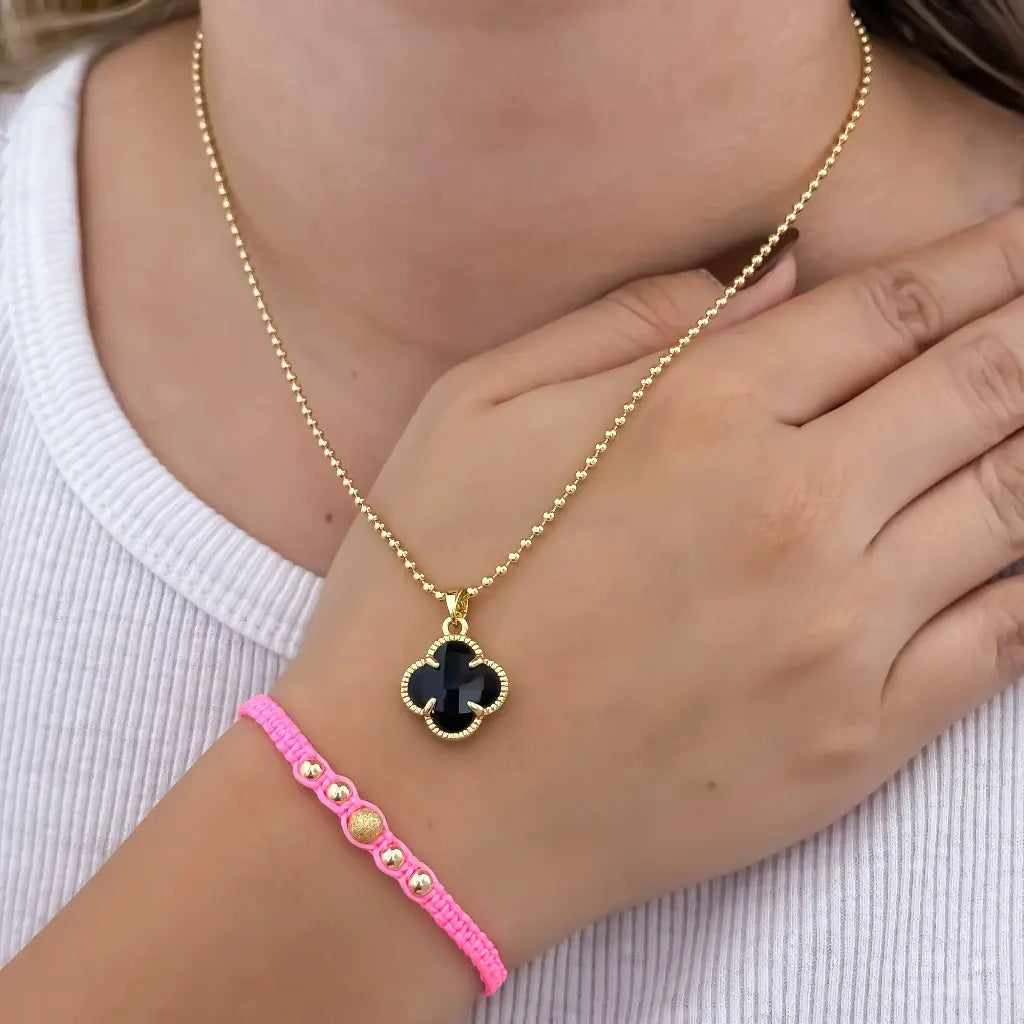 Conjunto De Dama Con Cadena De Tejido Militar, Dije De Trébol Negro Y Manilla Rosa