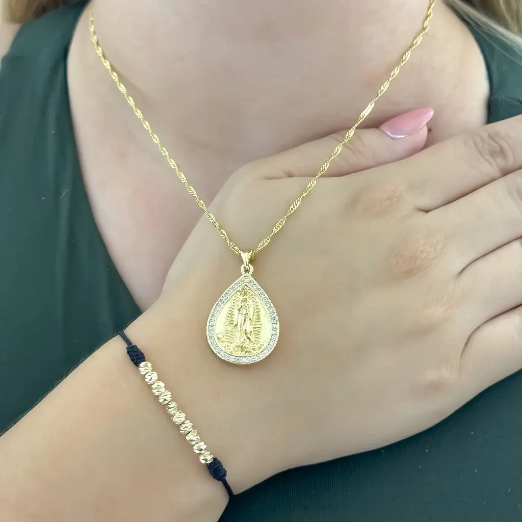 Conjunto De Dama Con Cadena Tejido Singapur, Dije De La Virgen Y Manilla Balines Italianos + Envío Gratis