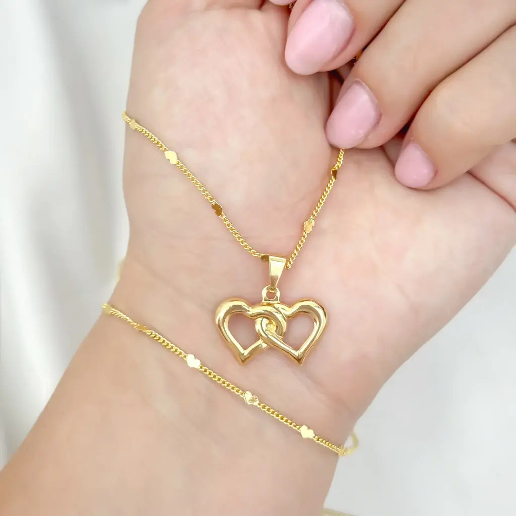Conjunto De Dama Con Cadena Y Esclava De Tejido Cubana De Corazones Con Dije De Corazón + Envío Gratis