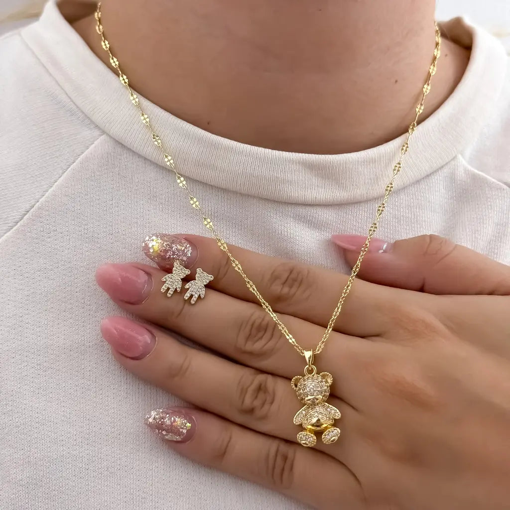 Conjuntos De Dama Con Cadena De Tejido Crispeta, Dije Y Topos De Osos Cristal