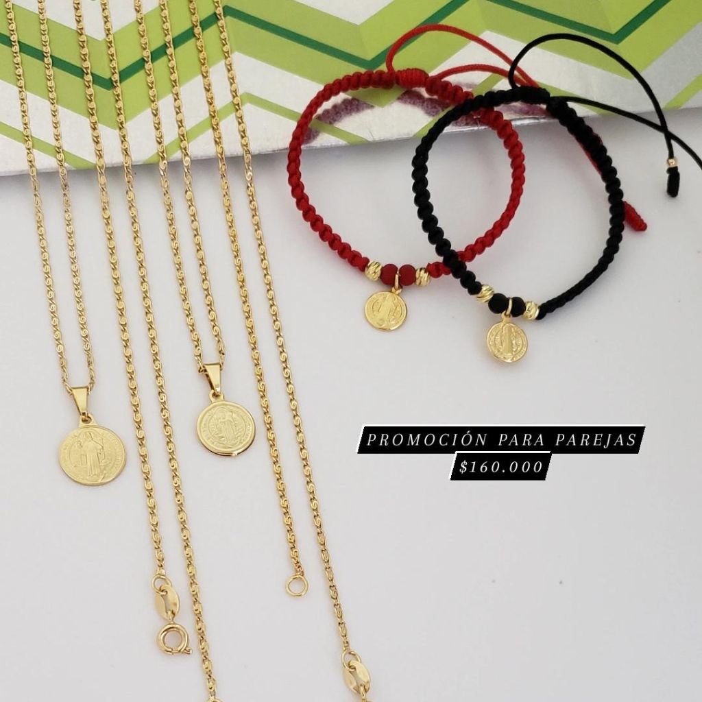 Conjunto para Parejas Tejido Caracol Dama 40cm/2mm - Hombre 50cm/2mm + Dije Gratis San Benito + Pulseras Gratis + Envio Gratis