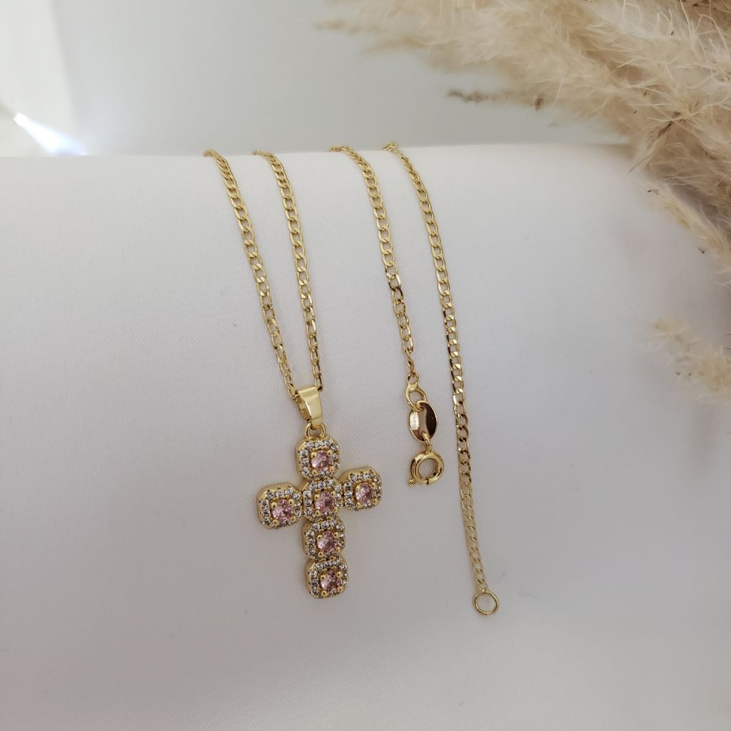 Cadena Cubana 50cm-2mm + Dije Gratis Cruz Circonia Rosada + Envio Gratis
