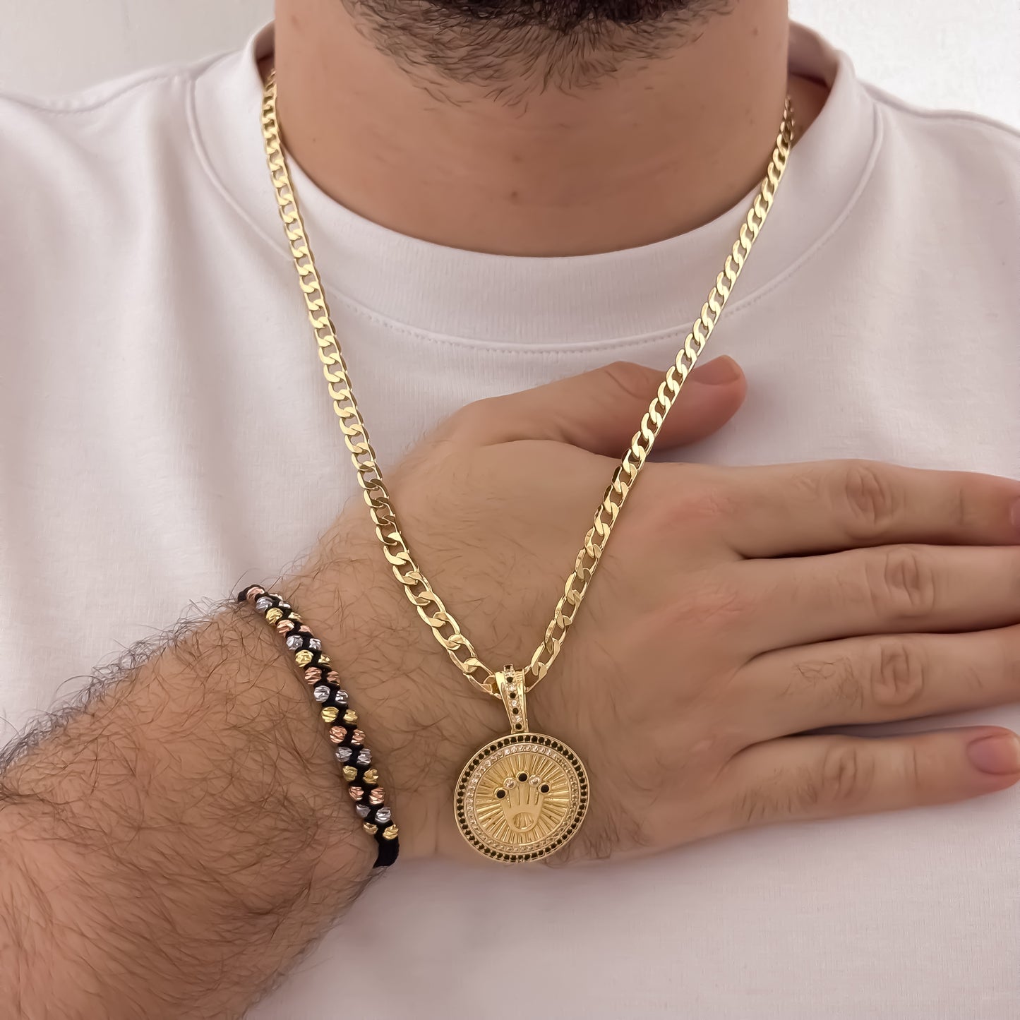 Cadena Cubana Gruesa de 60cm de 5mm + Corona Rolex con Micro Circones + Pulsera 3 Oros Doble Carril en Balin Italiano de 4mm e