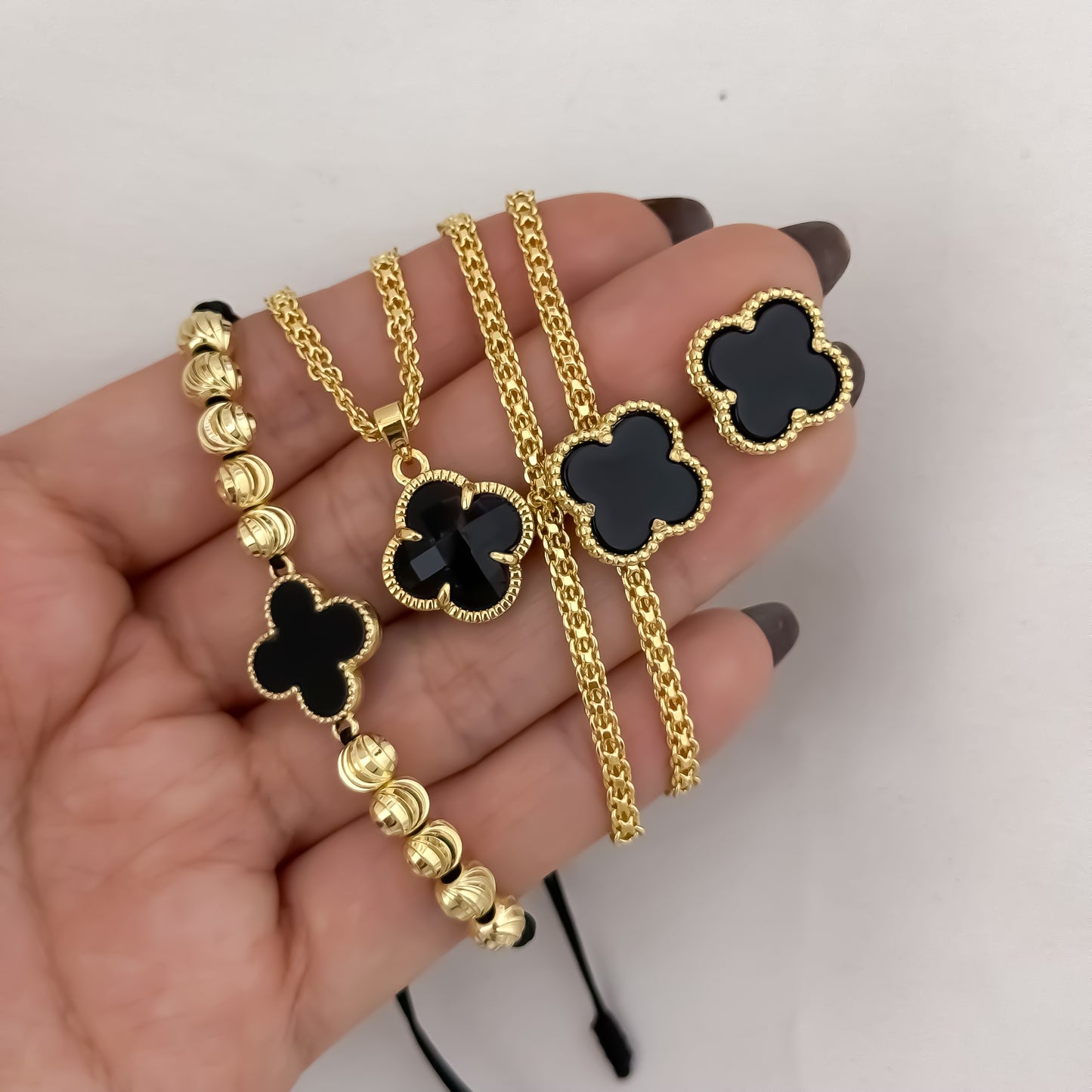 Cadena Tejido Chino de 45cm de 3mm + Dije Van Cleef + Pulsera Van Cleef + Topo Van Cleef en Oro Laminado 18k con Garantia de por vida