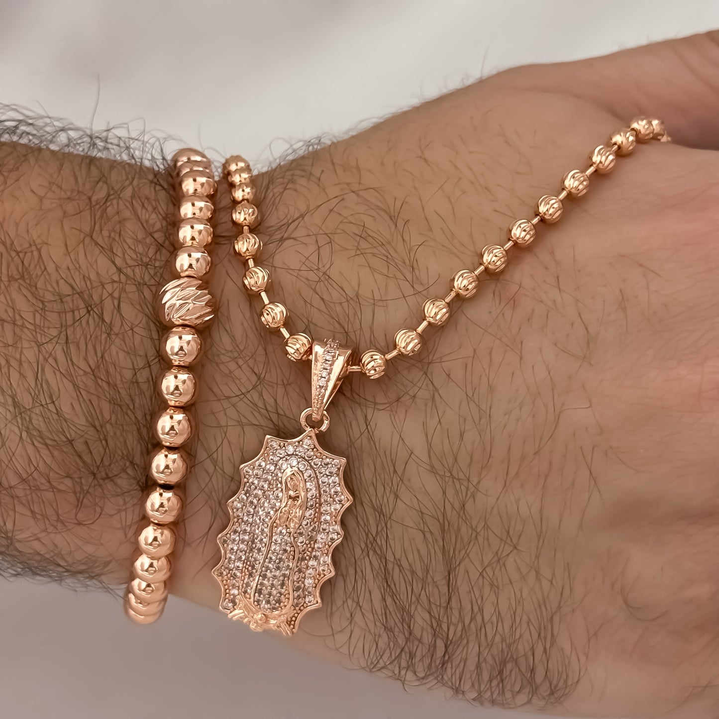 Cadena Tejido Militar Diamantada en Oro Rosa de 60cm de 4mm + Virgen de Guadalupe Tallada + Pulsera Full balines en Oro Rosa en Oro Laminado 18k con Garantia de por vida