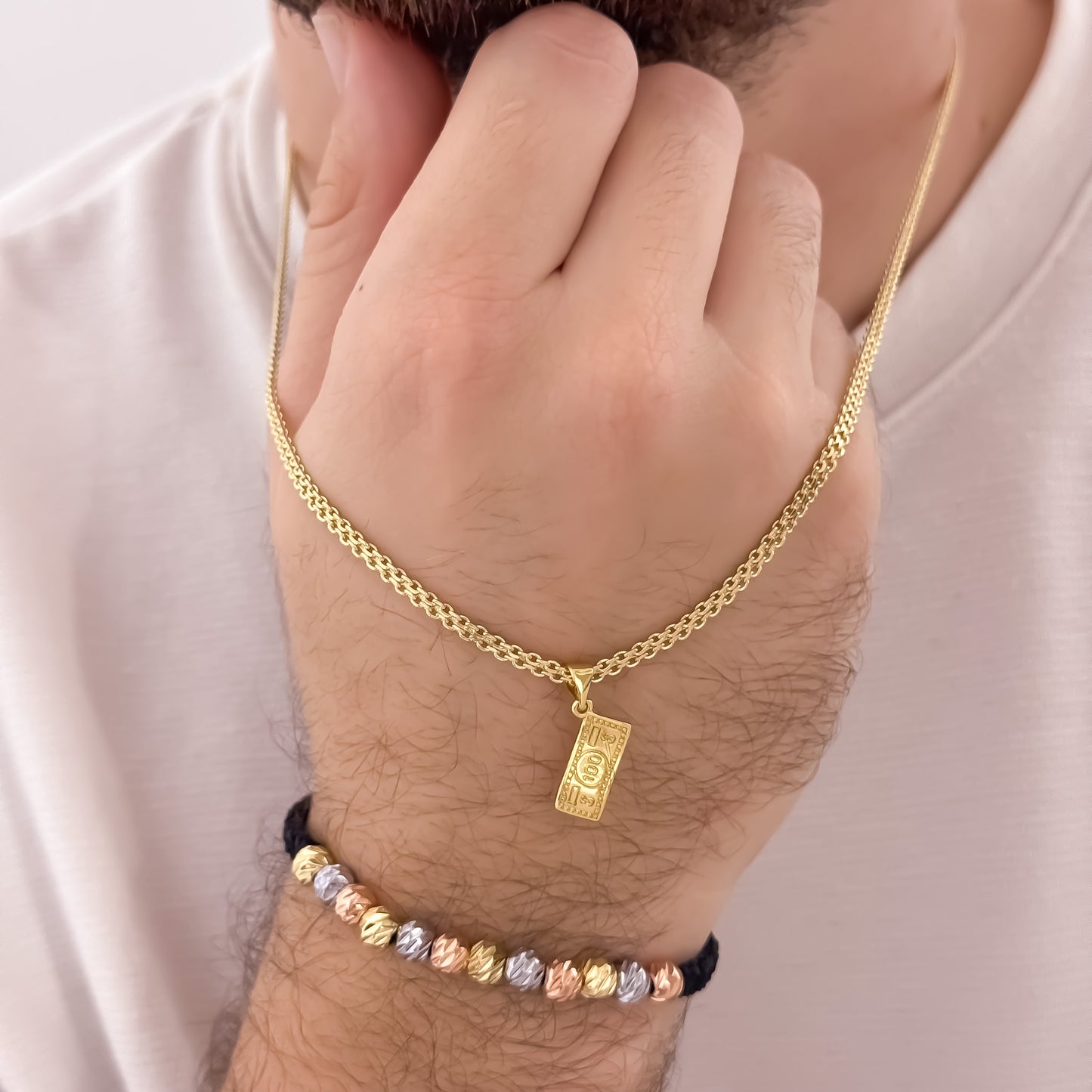 Cadena Tejido Chino Hombre 60cm de 3mm + Billete de Dolar + ´Pulseras de 3 Oros en Balin italiano en Oro laminado 18k con Garantia de por vida