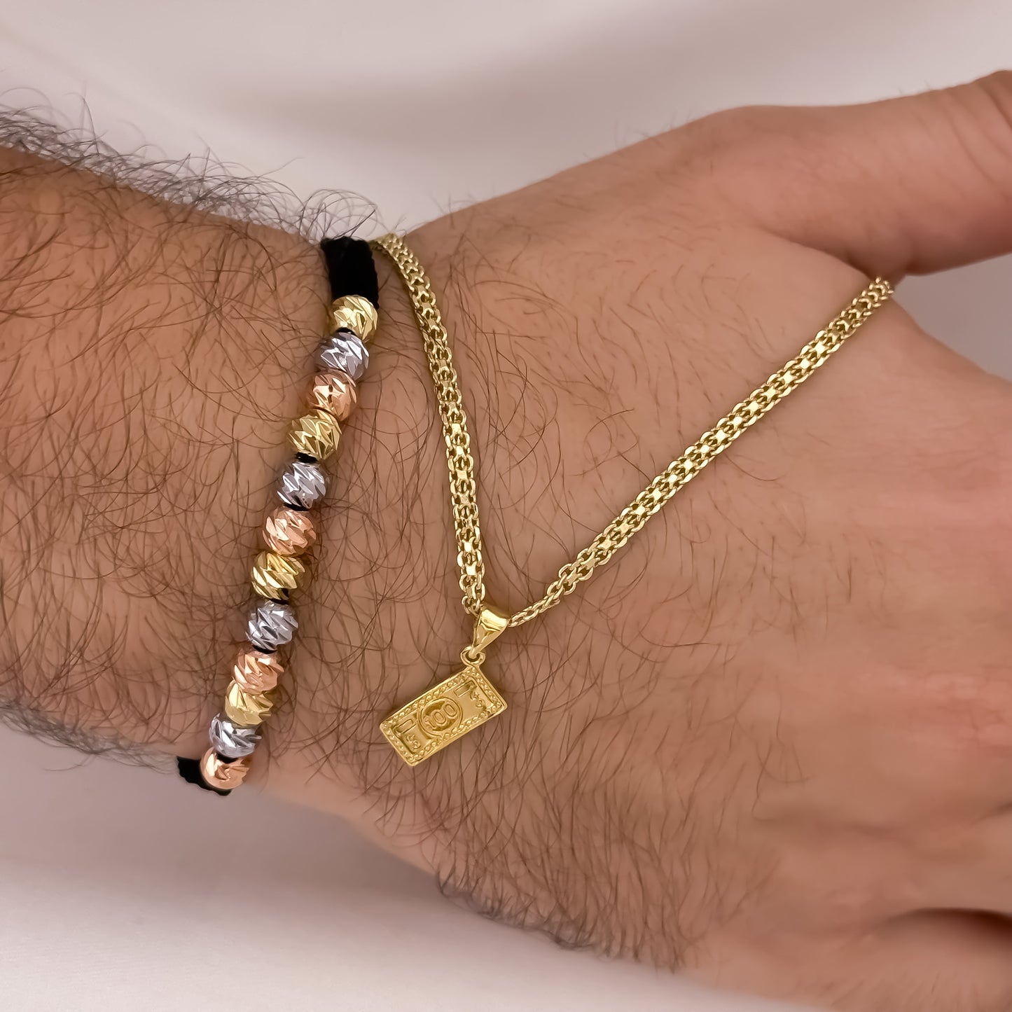 Cadena Tejido Chino Hombre 60cm de 3mm + Billete de Dolar + ´Pulseras de 3 Oros en Balin italiano en Oro laminado 18k con Garantia de por vida