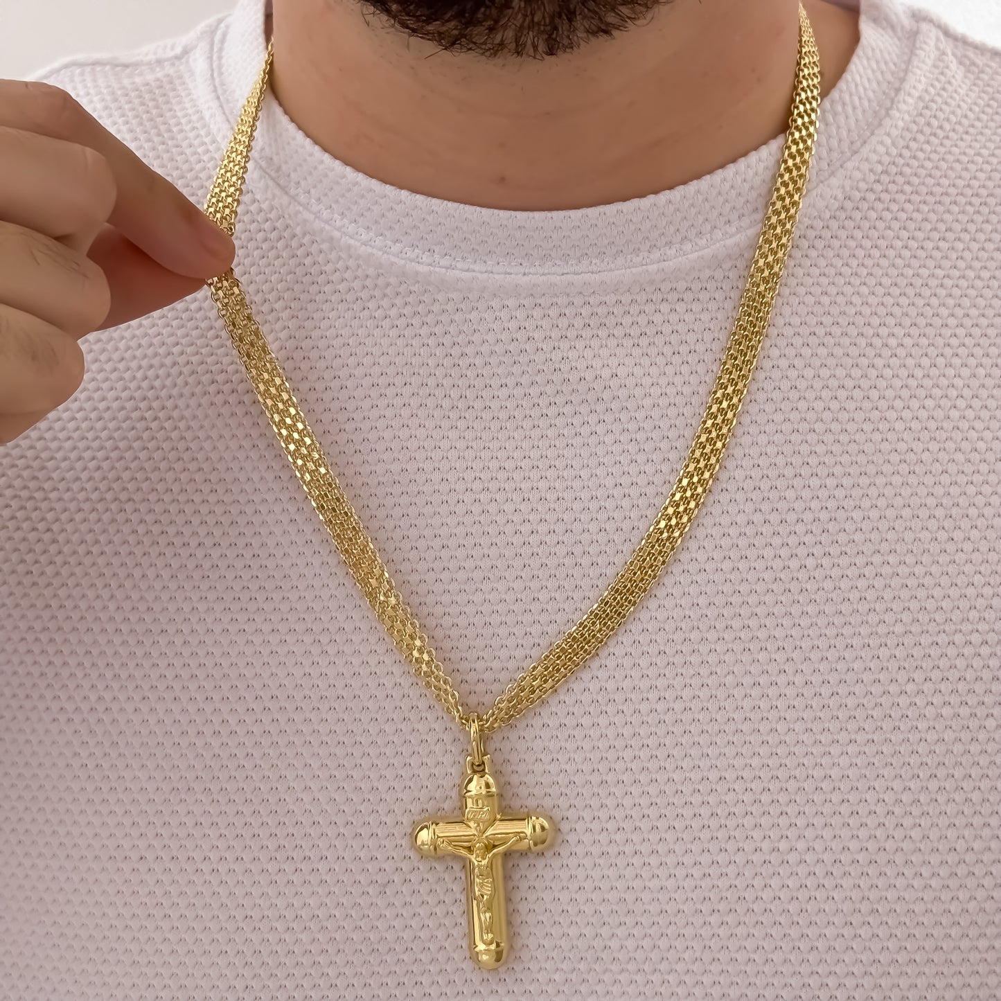 Cadena Tejido Chino Grueso de 60cm de 6mm de Grosor + Cristo Madero Protección en Oro Laminado 18k con Garantía de por vida
