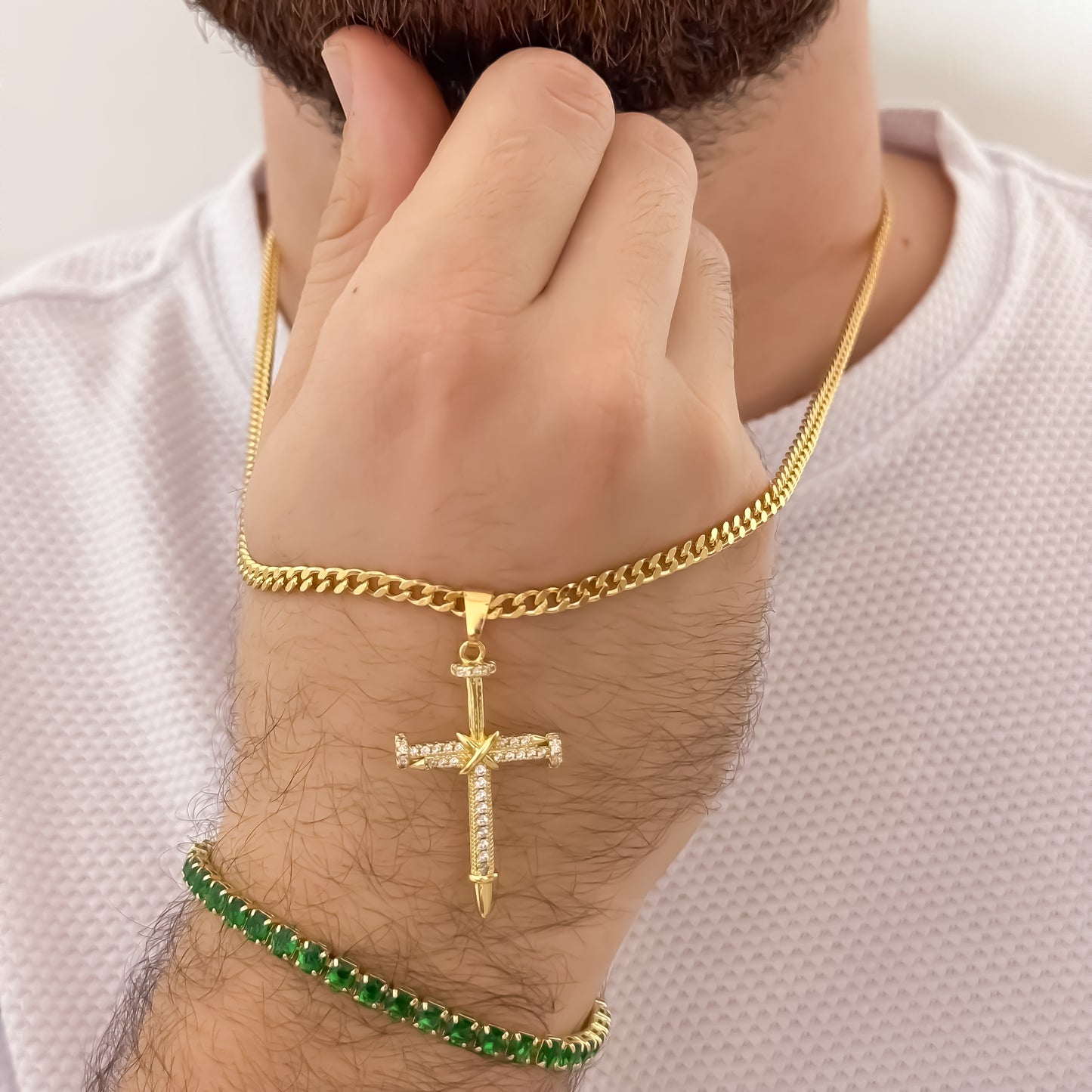 Cadena Tejido Cubana de Hombre de 60cm de 3mm + Cruz Clavo con Micro circones cristales + Pulsera Tennis Verde Esmeralda en Oro Laminado 18k con Garantia de por vida
