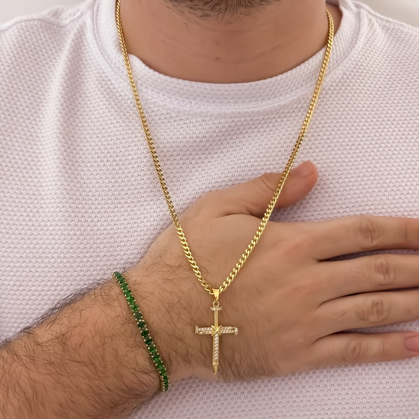 Cadena Tejido Cubana de Hombre de 60cm de 3mm + Cruz Clavo con Micro circones cristales + Pulsera Tennis Verde Esmeralda en Oro Laminado 18k con Garantia de por vida