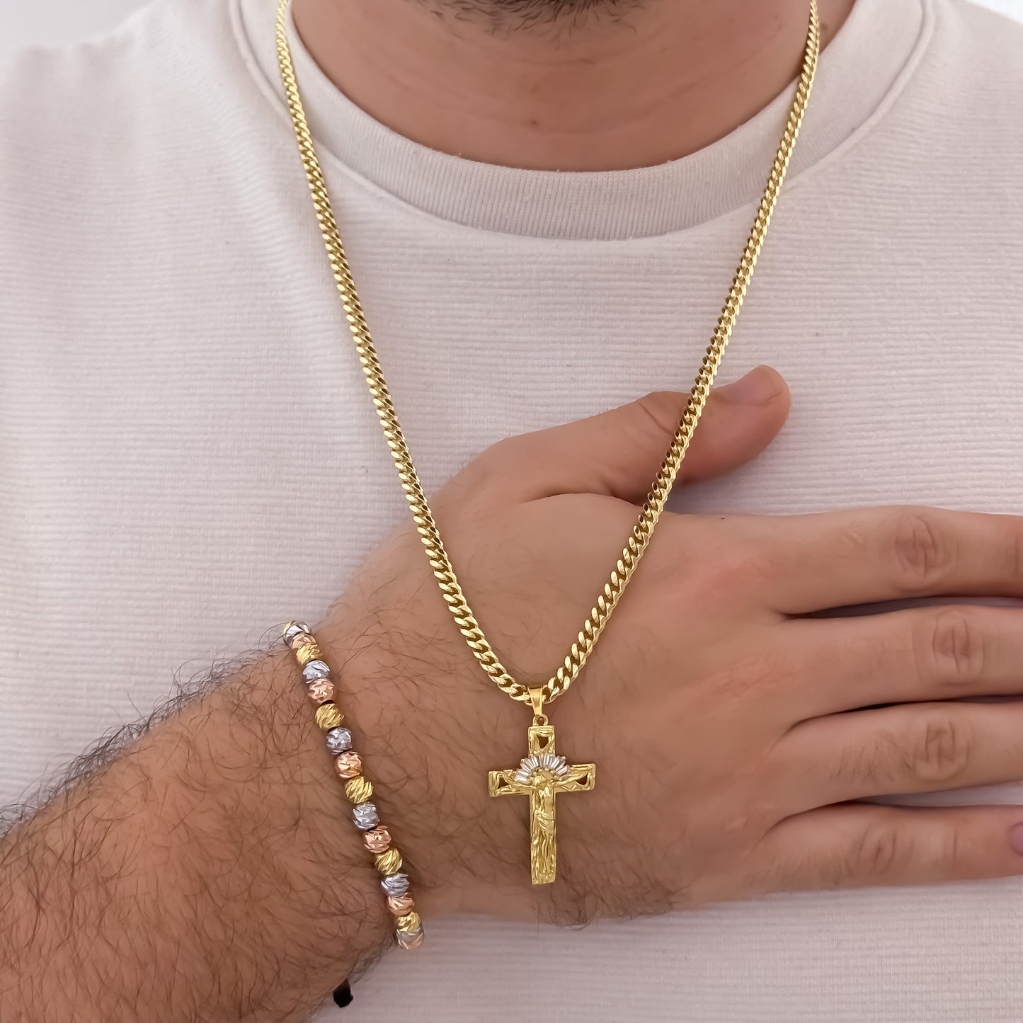 Cadena Tejido Cubana de hombre de 60cm de 3mm + Dije de Cruz Cristo Madero con Micro Circones + Pulsera de 3 Oros en Balin italiano en Oro Laminado 18k con Garantia de por vida