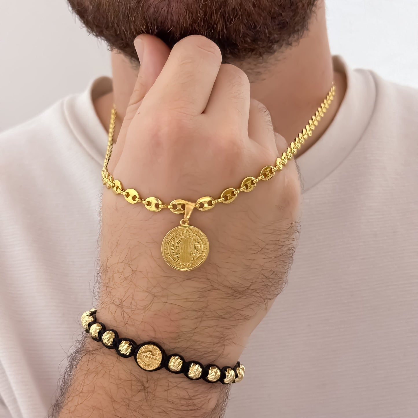 Cadena Tejido Gucci de Hombre de 60cm de 5mm + San Benito Proteccion + Pulsera Balin Italiano de 6mm en Oro Laminado 18k con Garantia de por vida