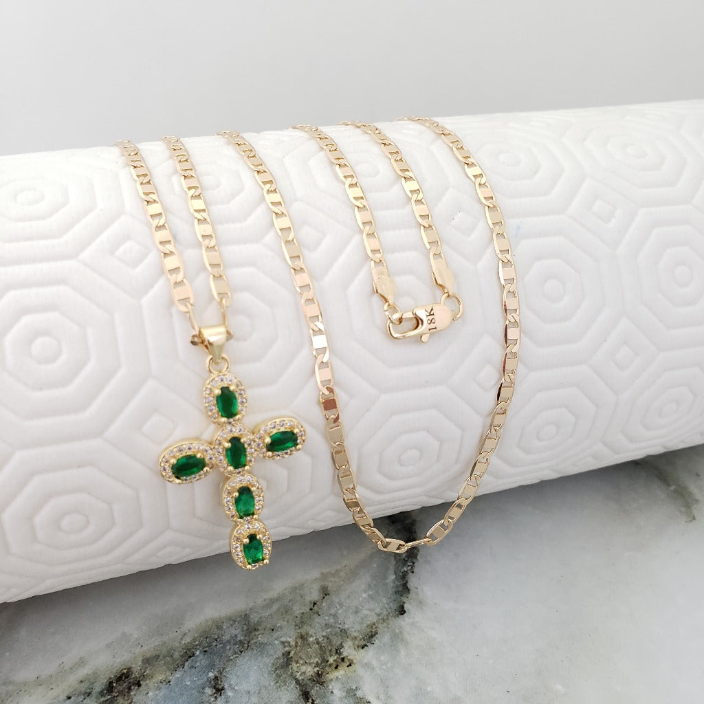 Cadena De Caballero De Tejido Escalera De 60cm-3mm De Grosor + Dije De Cruz Esmeralda Cristal + Envío Gratis
