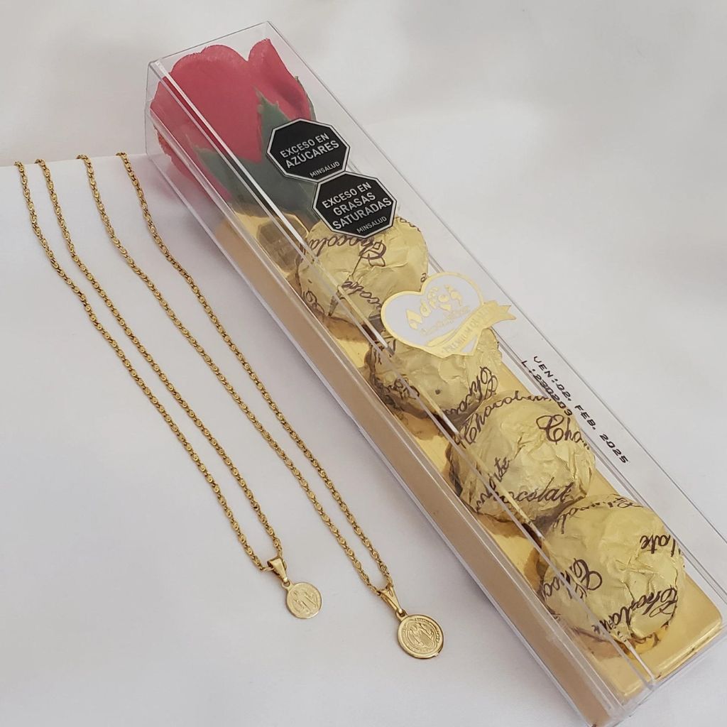 Conjunto de Cadenas para Parejas Tejido Caracol Dama 40cm/2mm Hombre 50cm/2mm + Dije Gratis San Benito + Caja de Chocolates Gratis + Envio Gratis