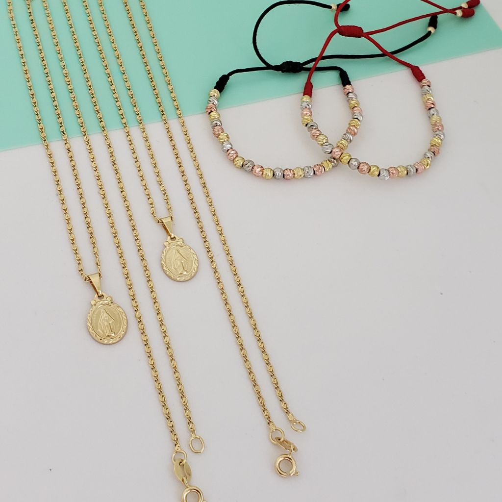 Conjunto para Parejas Tejido Caracol Dama 50cm-2mm de Grosor Hombre 60cm-2mm de Grosor + Dijes Gratis Virgen Milagrosa + Pulseras 3 OROS Gratis + Envío Gratis