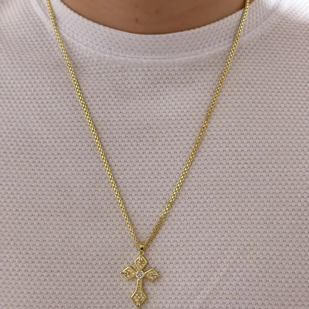 Cadena De Caballero De Tejido Chino De 60cm-3mm De Grosor Con Dije De Cruz Cristal