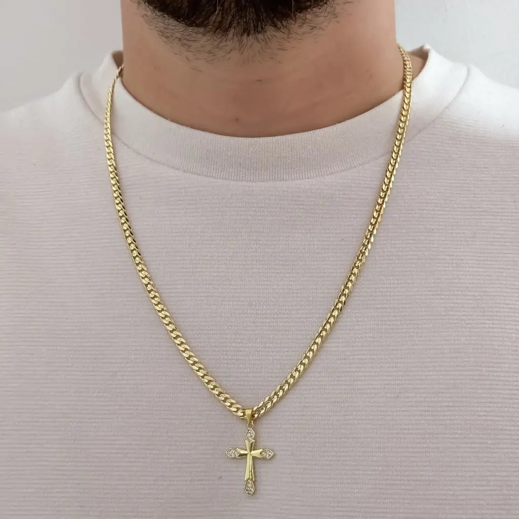 Cadena De Caballero De Tejido Cubana De 60cm-4mm De Grosor Con Dije De Cruz Cristal