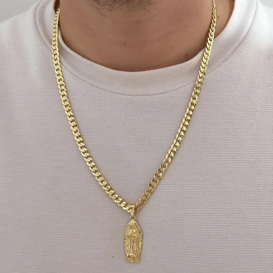 Cadena De Caballero De Tejido Cubana Diamantada De 60cm-4mm De Grosor Con Dije De La Virgen De Guadalupe