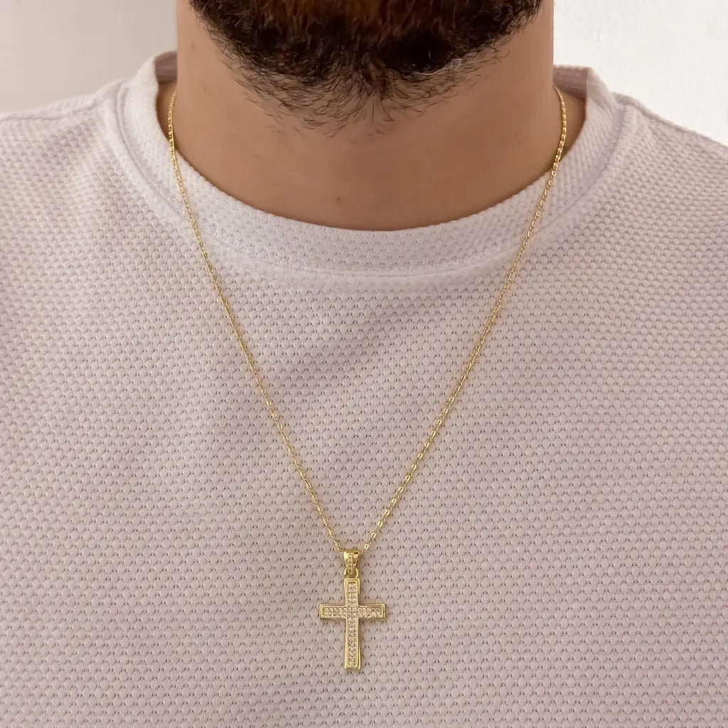 Cadena Para Caballero De Tejido Caracol De 60cm-1mm De Grosor Con Dije De Cruz Cristal