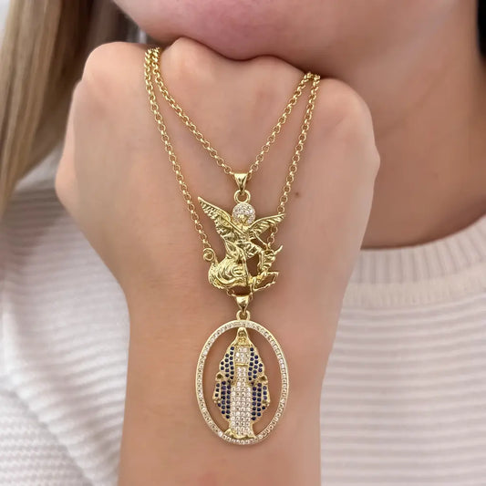 Cadenas Para Parejas De Tejido Aros Con Dijes De San Miguel Y Dije De La Virgen Milagrosa