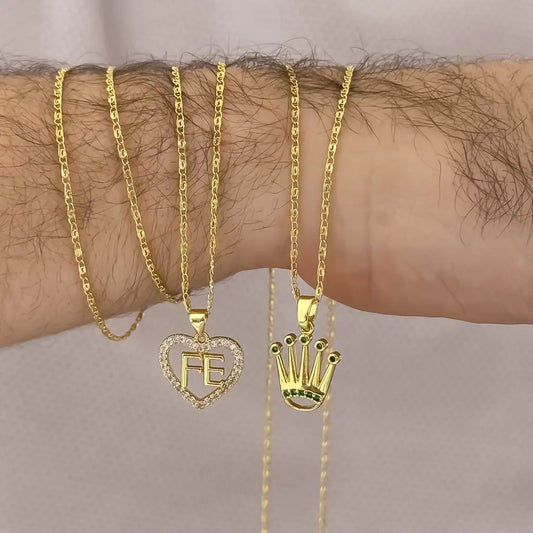 Cadenas Para Parejas De Tejido Caracol Con Dijes De Corazón FE Y Corona Rolex De Piedras Verdes