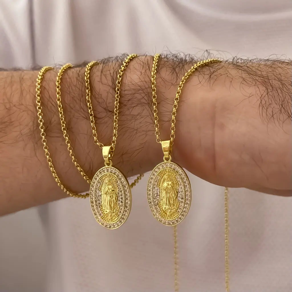 Cadenas Para Parejas De Tejido Caracol Con Dijes De La Virgen De Guadalupe Con Piedras Cristal