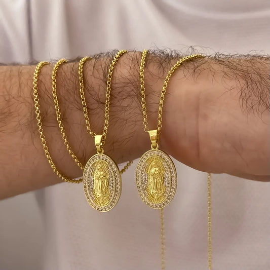 Cadenas Para Parejas De Tejido Caracol Con Dijes De La Virgen De Guadalupe Con Piedras Cristal