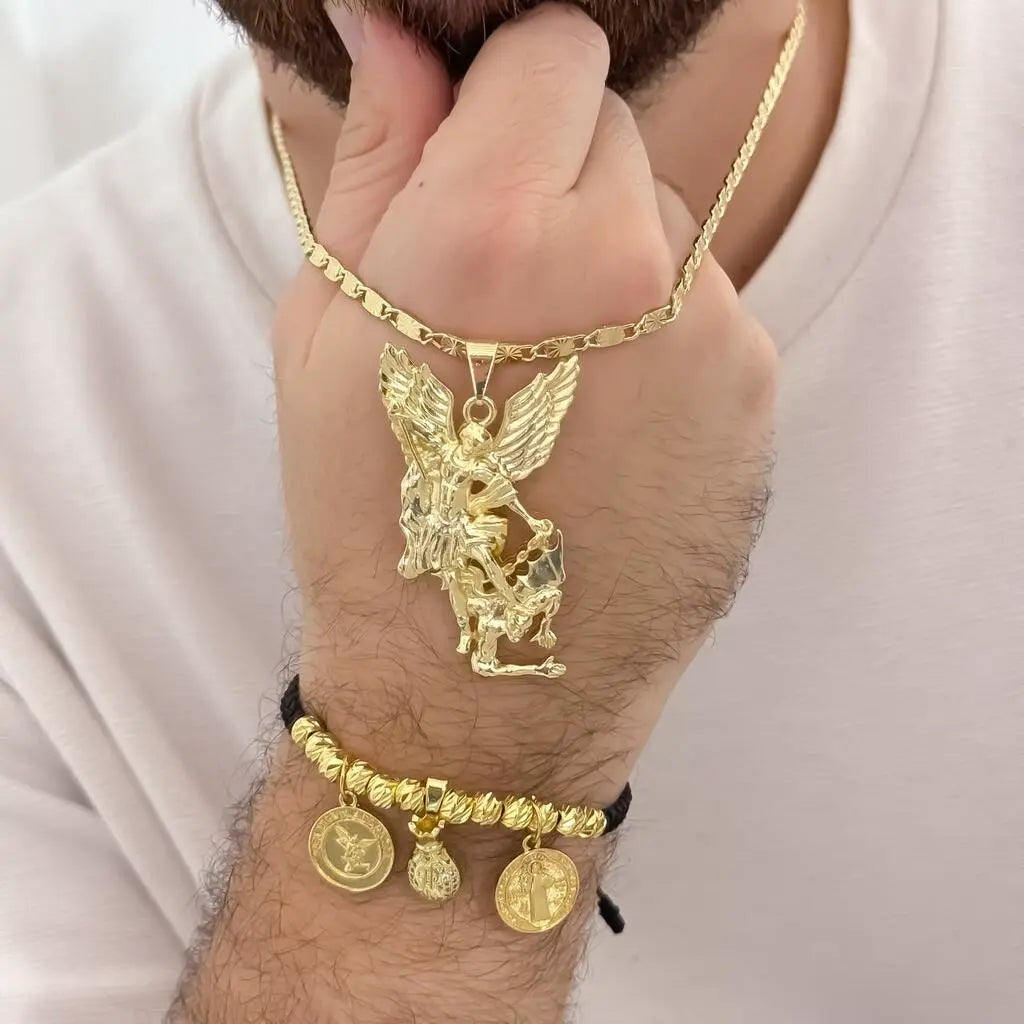 Conjunto De Caballero Con Cadena Caracol Con Destellos, Dije De San Miguel Y Manilla Italiana De La Abundancia Con Dijes