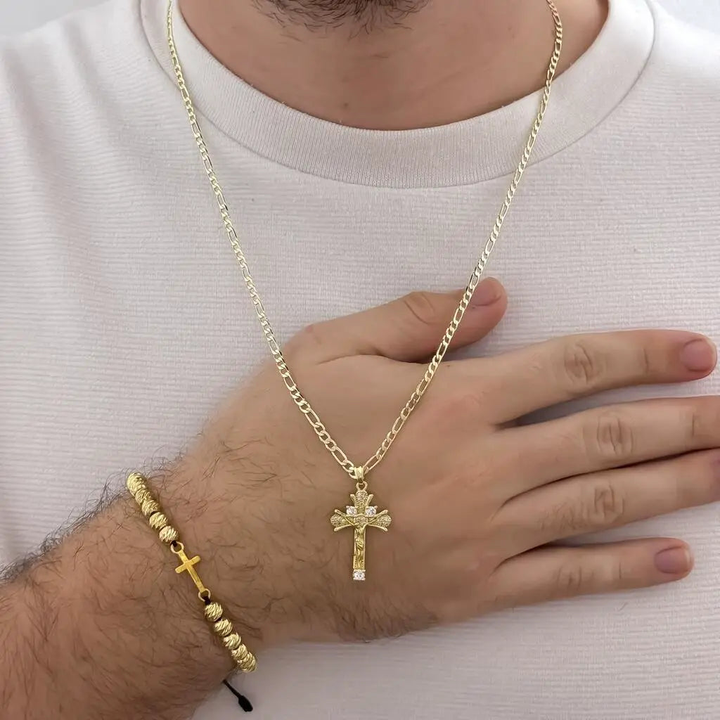 Conjunto De Caballero Con Cadena Cartier, Dije De Crucifijo Cristal Y Manilla Italiana Con Herraje De Cruz