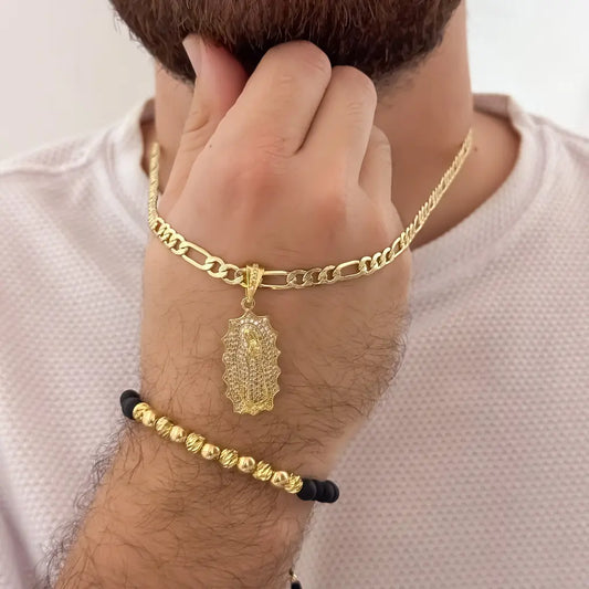 Conjunto De Caballero Con Cadena Cartier, Dije De La Virgen De Guadalupe Cristal Y Manilla De Balines Italianos Y Lisos